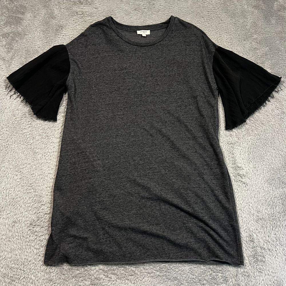 Umgee Shirt Mini Dress Pockets Raw Frayed Hem Edge Boxy Gauzy Gray Women's Small